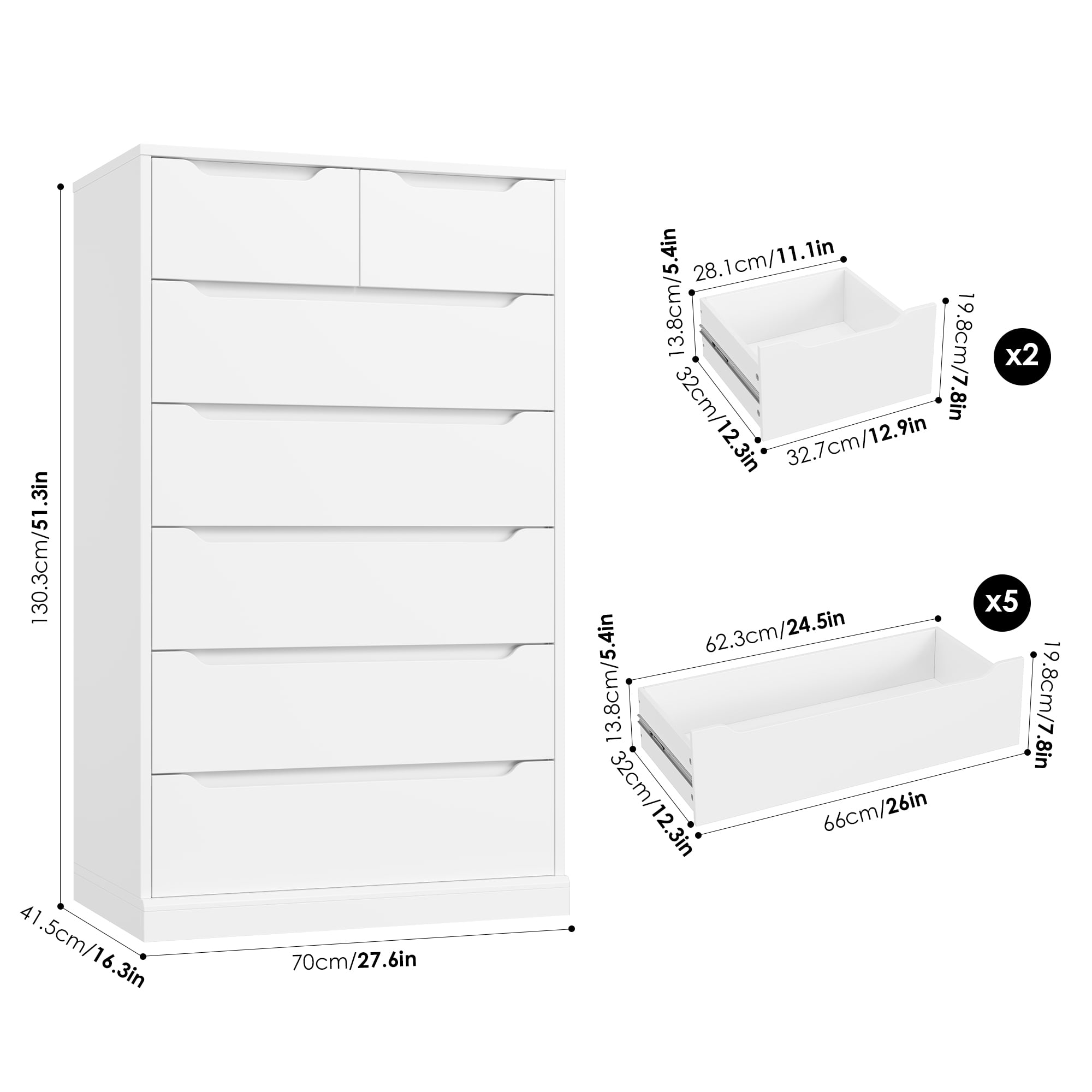 Homfa 7 Drawer White Dresser, 51.3"H Wood Storage Cabinet with Upgraded Stable Base, Vertical Chest for Bedroom Living Room