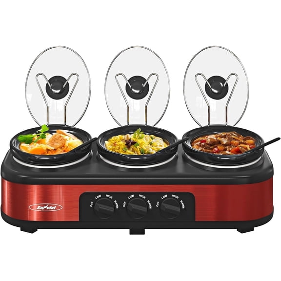 Triple Slow Cooker Buffet Food Warmer with 3 x 1.5 QT Removable Ceramic Pots, Glass Lids and 3 Spoons, Stainless Steel
