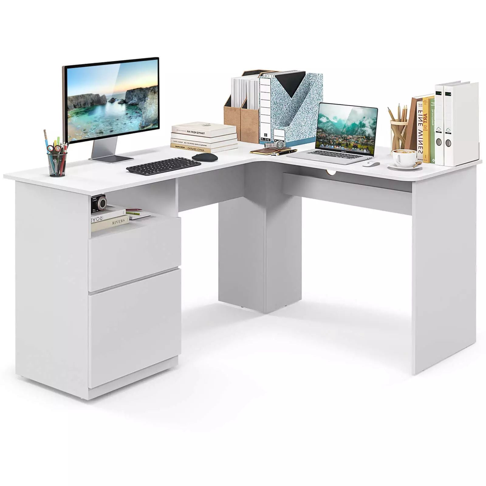 Harmijoy 59" L Shaped Study Writing Desk with Letter File Drawer, Open Compartment , Large Home Office Workstation, White