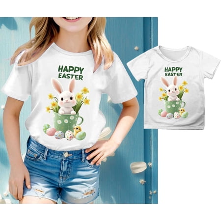 Kids Easter Girls Outfit Short Sleeved T Shirt Yellow Easter Graphic Tees Easter Summer Tees Girls Size 4-5 Years Easter Outfit