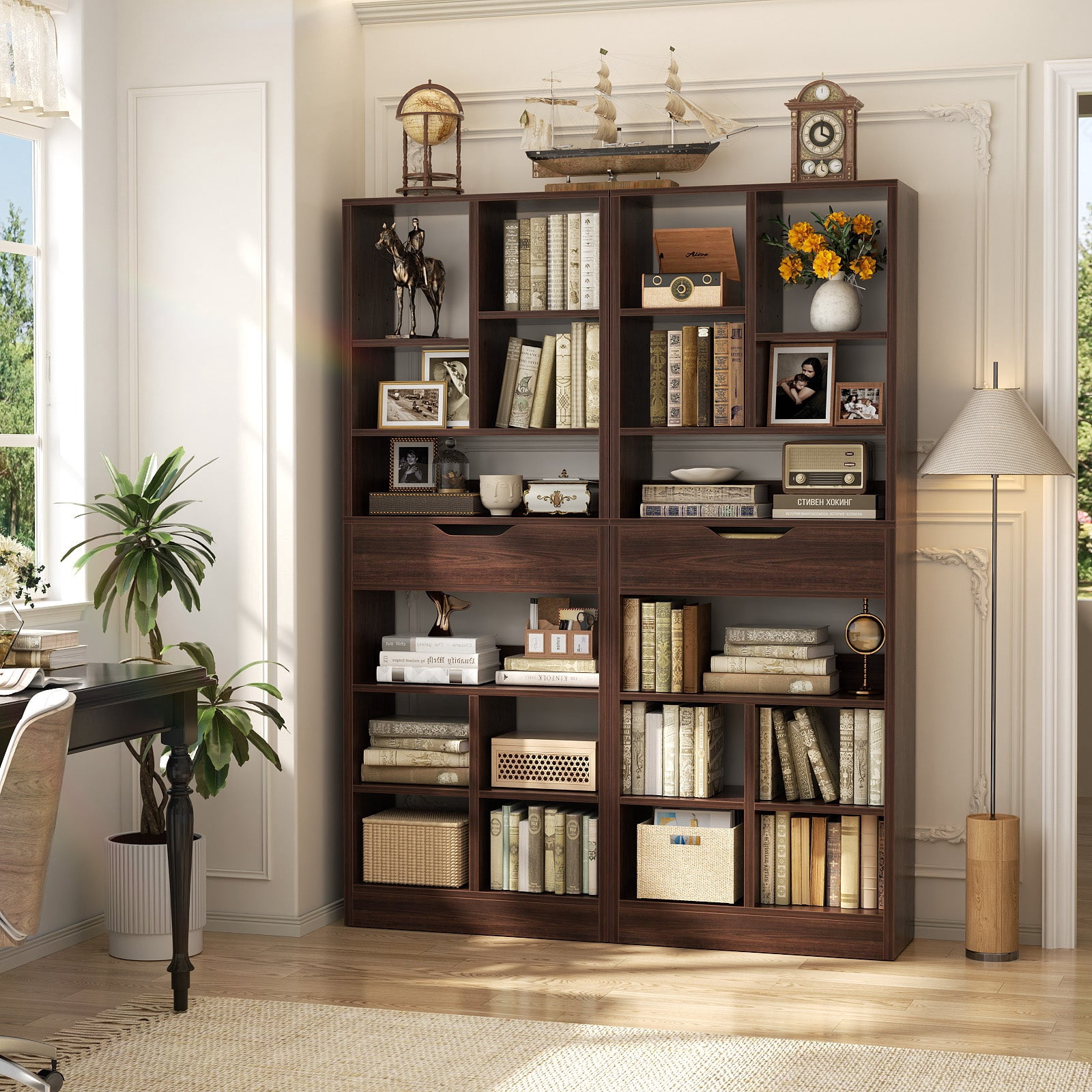 iSunirm 73.6'' Tall Cube Bookcase with Drawer, 10-Tier Bookshelves with Adjustable Shelves, 19.7 '' Width Display Shelf for Living Room, Home Office, Walnut