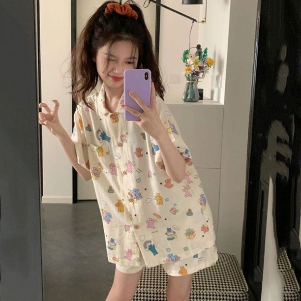 Conjunto de pijama de verano para mujer, ropa de casa cómoda, suave, suelta, con estampado de letras, Top con botones y pantalones cortos, 2 piezas, Multicolor