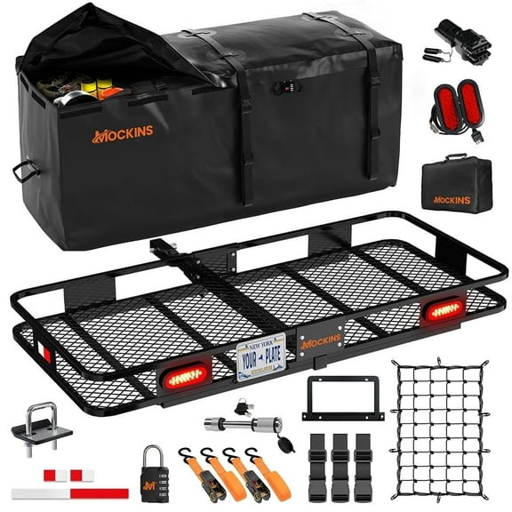 Mockins 60"x20"x6" Hitch Cargo Rack with 20 Cu.Ft. Cargo Bag, Rear Lights, License Plate Holder and Carrier Accessories