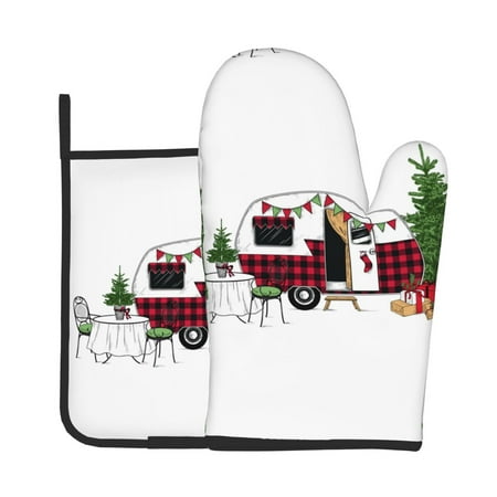 

Gaeub Vintage Buffalo Plaid Christmas Camper Print Oven Mitts and Pot Holders Sets of 2 Heat Resistant Pad Cooking Gloves for Baking BBQ Home Decor