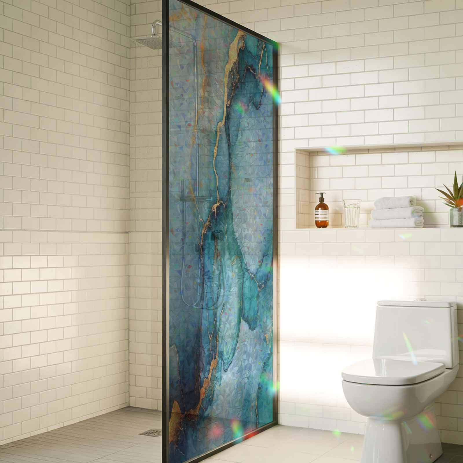 Teal Blue Marble Window Privacy Film Stain Glass,Reusable Decorative Rainbow Window Film,Abstract Artwork Aesthetic Non-Adhesive Static Cling Sun Blocking Stickers Decals Covers 23.6" x 78.7" (2pcs)