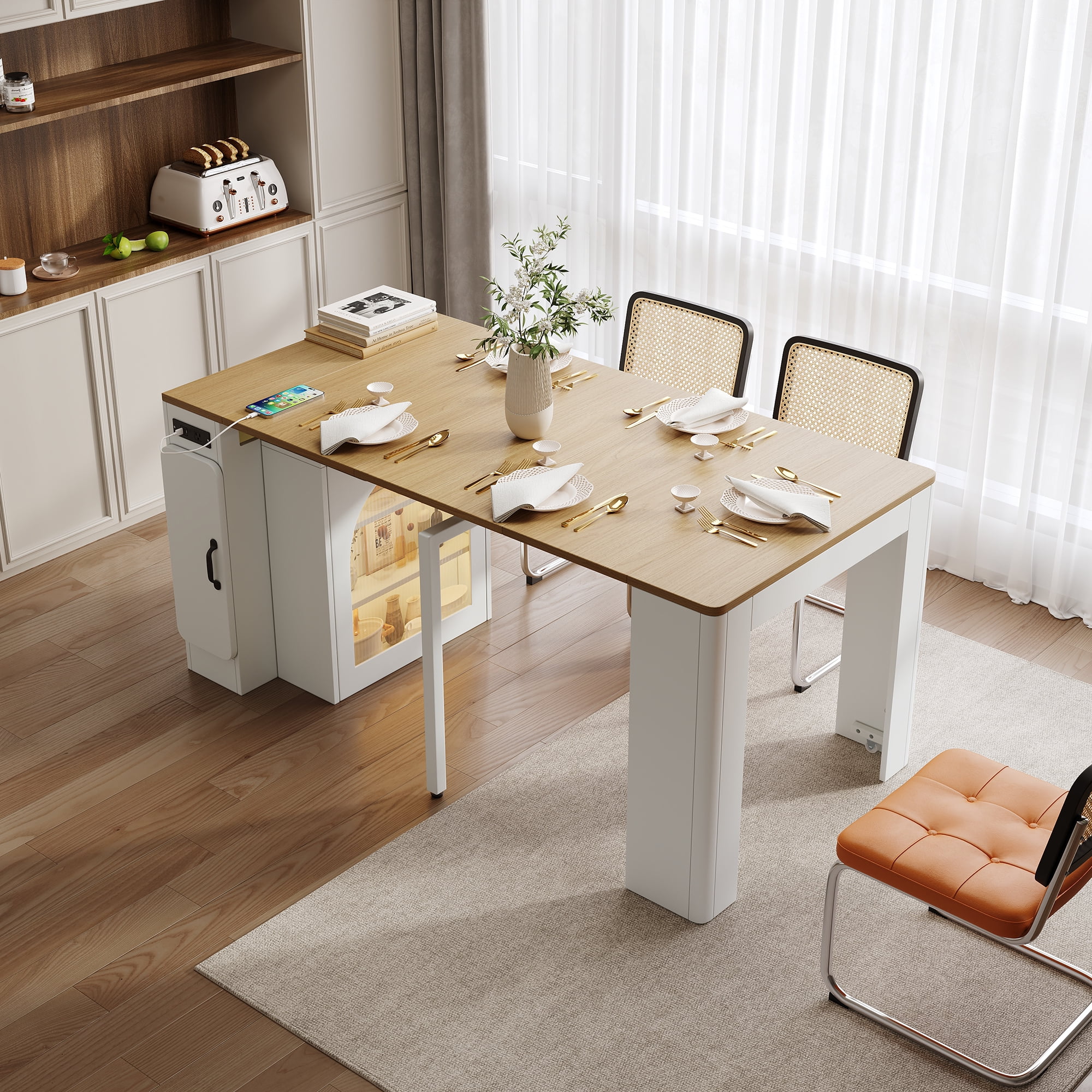 Euroco Extendable Dining Table with 3 Removable Middle Leaves for 4,Mobile Rolling Kitchen Table with Power Outlet and Side Storage Cabinet for Small Space,White