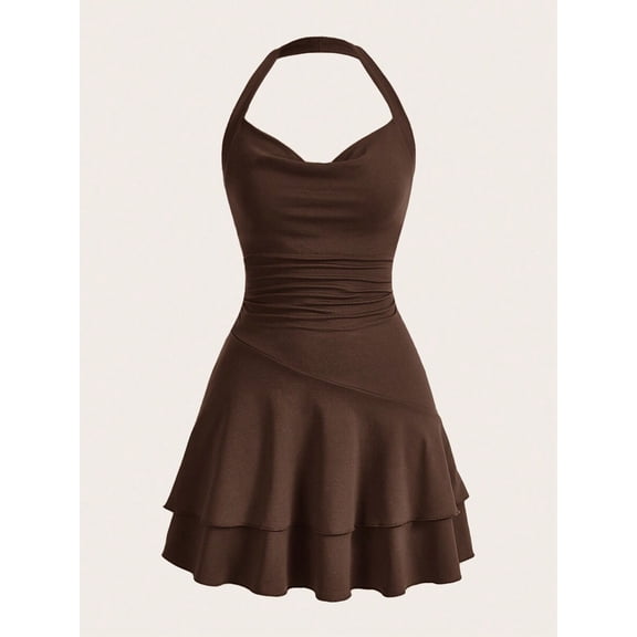 Chocolate Brown Womens Slim Fit Ruched Halter Mini Dress With Tiered Flounce Skirt