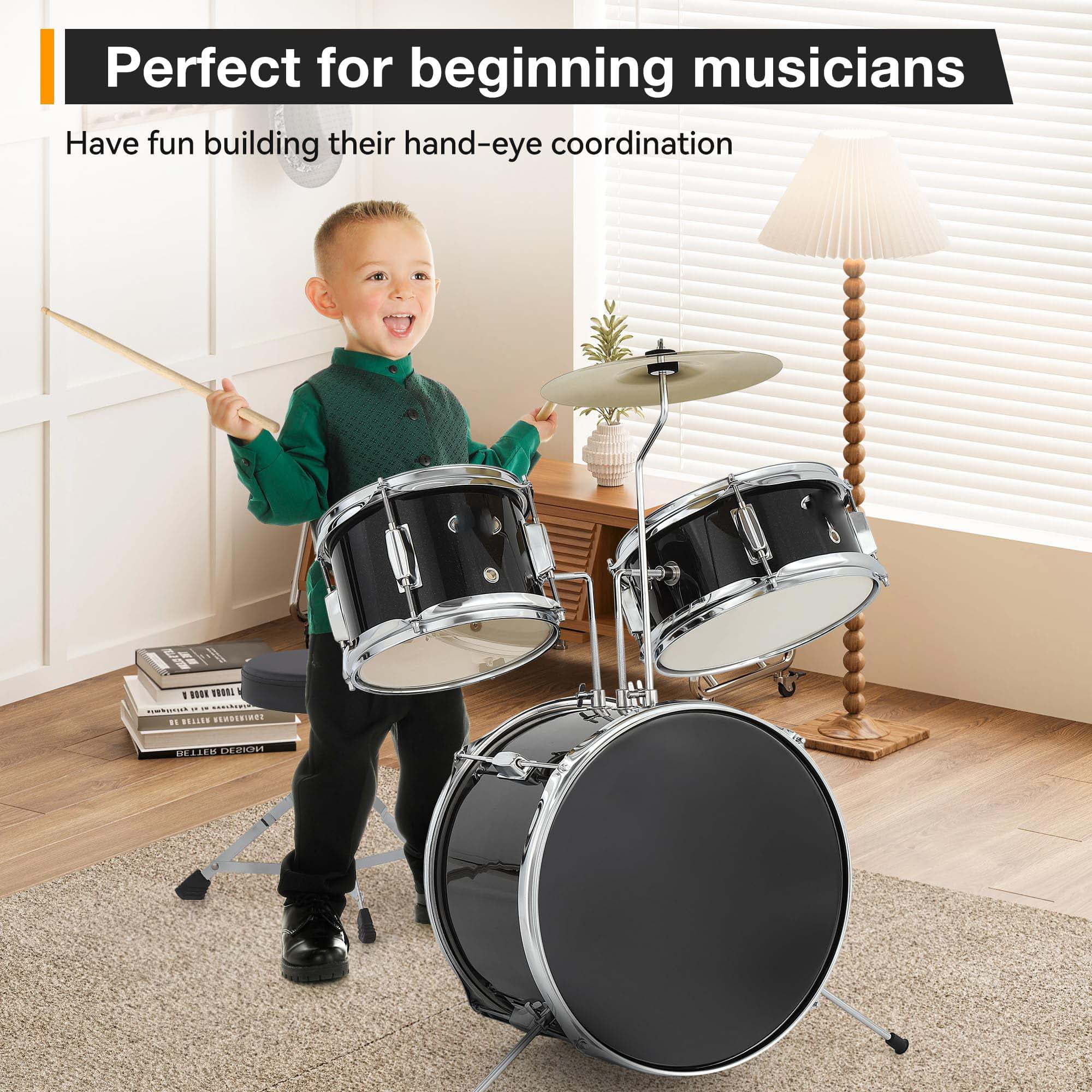 Huisuilinss Kids Drum Set For Musical Instruments,3-Piece Junior Drum Sets For Beginner,With Bass,Tom-Tom,Snare,Cymbals,Hi-Tone,Sticks,Base Pedal And Stool