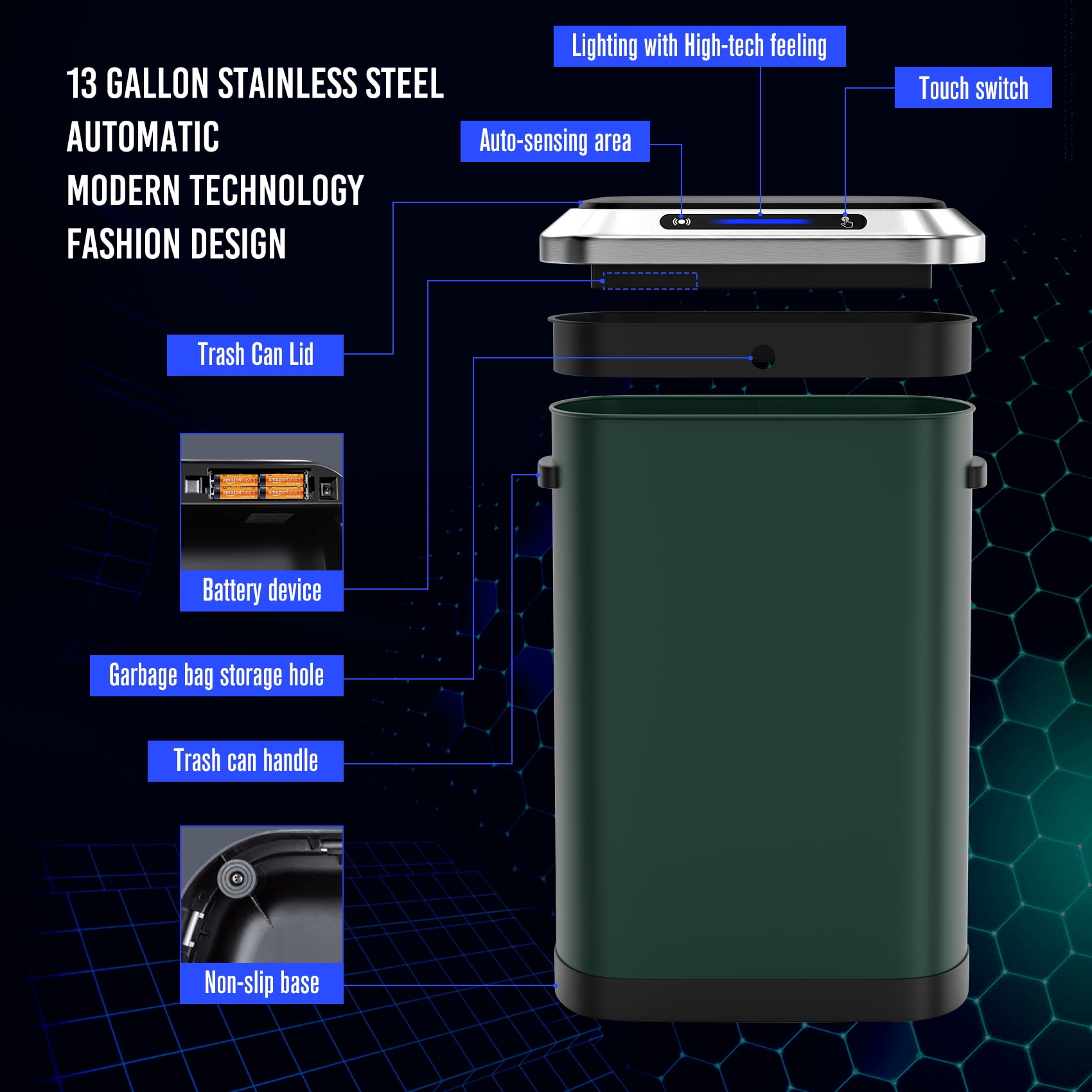 Miniyam 50L/13Gal Automatic Trash Can, Stainless Steel Fingerprint-Resistant Soft Close Lid Garbage Can, Green