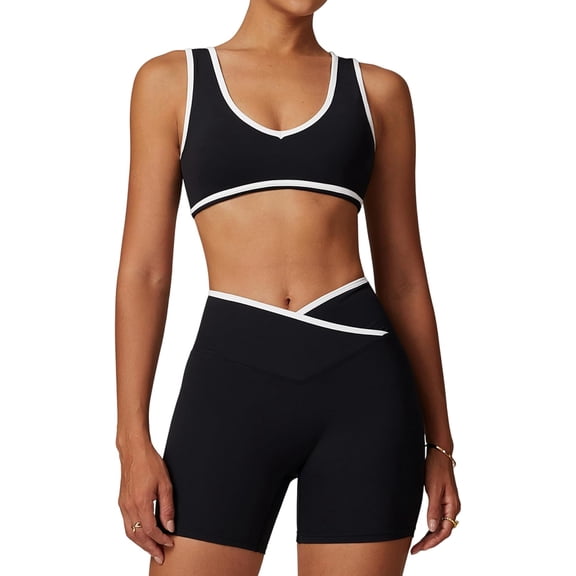 PISONIC Two Piece Workout Sets for Women Color Block Sports Bra and Scrunch Butt Lifting Shorts Gym Yoga Active Wear Outfits