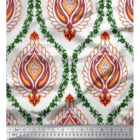 Soimoi White Poly Georgette Fabric Floral Damask Print Fabric by the Yard 42 Inch Wide