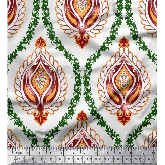 Soimoi White Cotton Duck Fabric Floral Damask Fabric Prints By Yard 42 Inch Wide