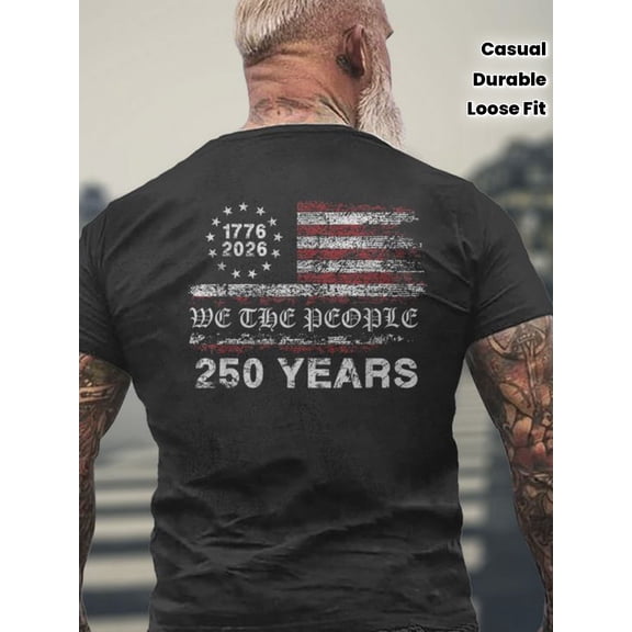 Men's Patriotic We The People 1776-2026 American Flag T-Shirt Retro 250 Years Anniversary Graphic Tee Casual Loose Fit Cotton Top