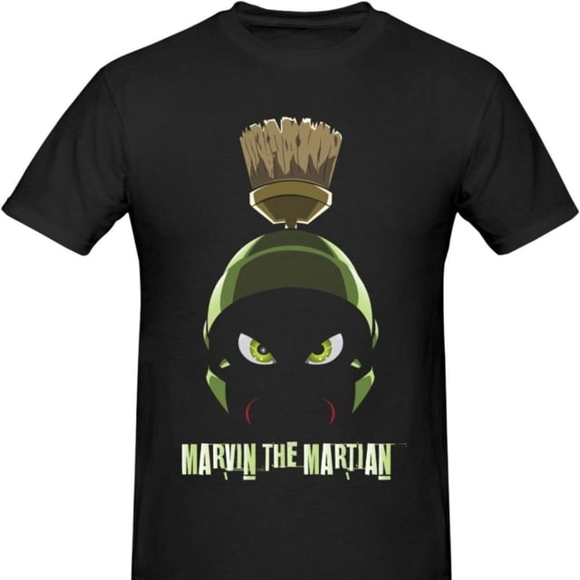 Camiseta de manga corta con cuello redondo para hombre, de algodón, con gráfico de Marvin el marciano de dibujos animados, color negro.
