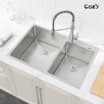 thumbnail image 2 of COZY 33″x22″ Stainless Steel Kitchen Sink, Double Bowl in Brushed Nickel, Overmount Handmade Sink, with US Standard Drain and Hook, SS-BR03D-332208, 2 of 11