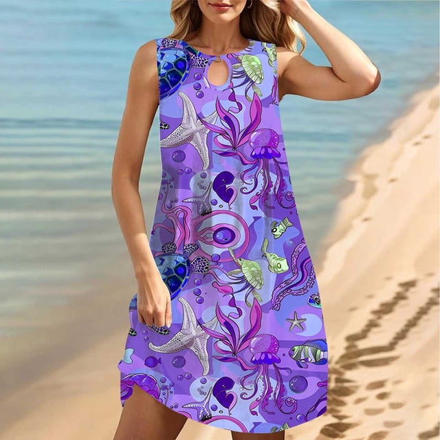pstuiky Robes d'Été pour Femmes, Robe de Plage Sans Manches à Col Rond Dégradé Teinture sur Nœuds en Liquidation