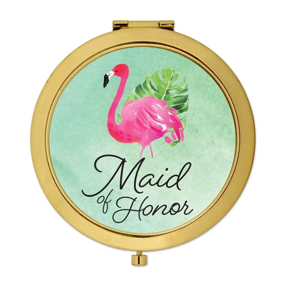 Koyal Wholesale Compact Mirror Maid of Honor Wedding Gift, Gold, Tropical Pink Flamingo, 1-Pack