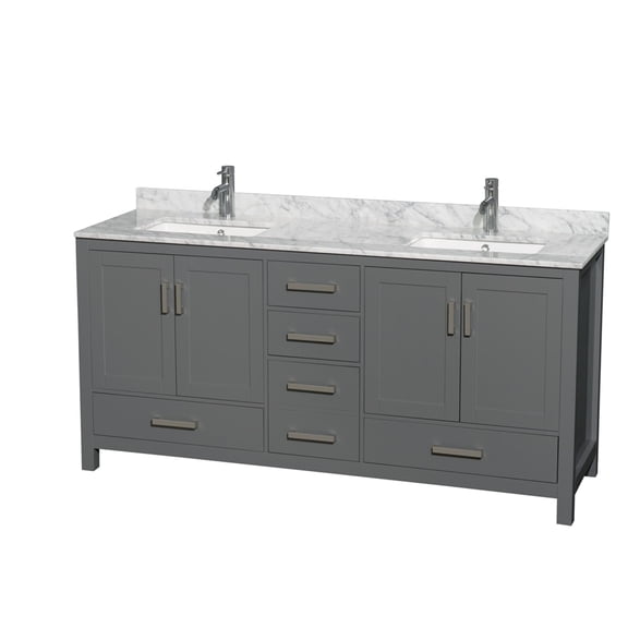 Wyndham Collection Sheffield 72 Inch Double Bathroom Vanity in Dark Gray, White Carrara Marble Countertop, Undermount Square Sinks, and No Mirror