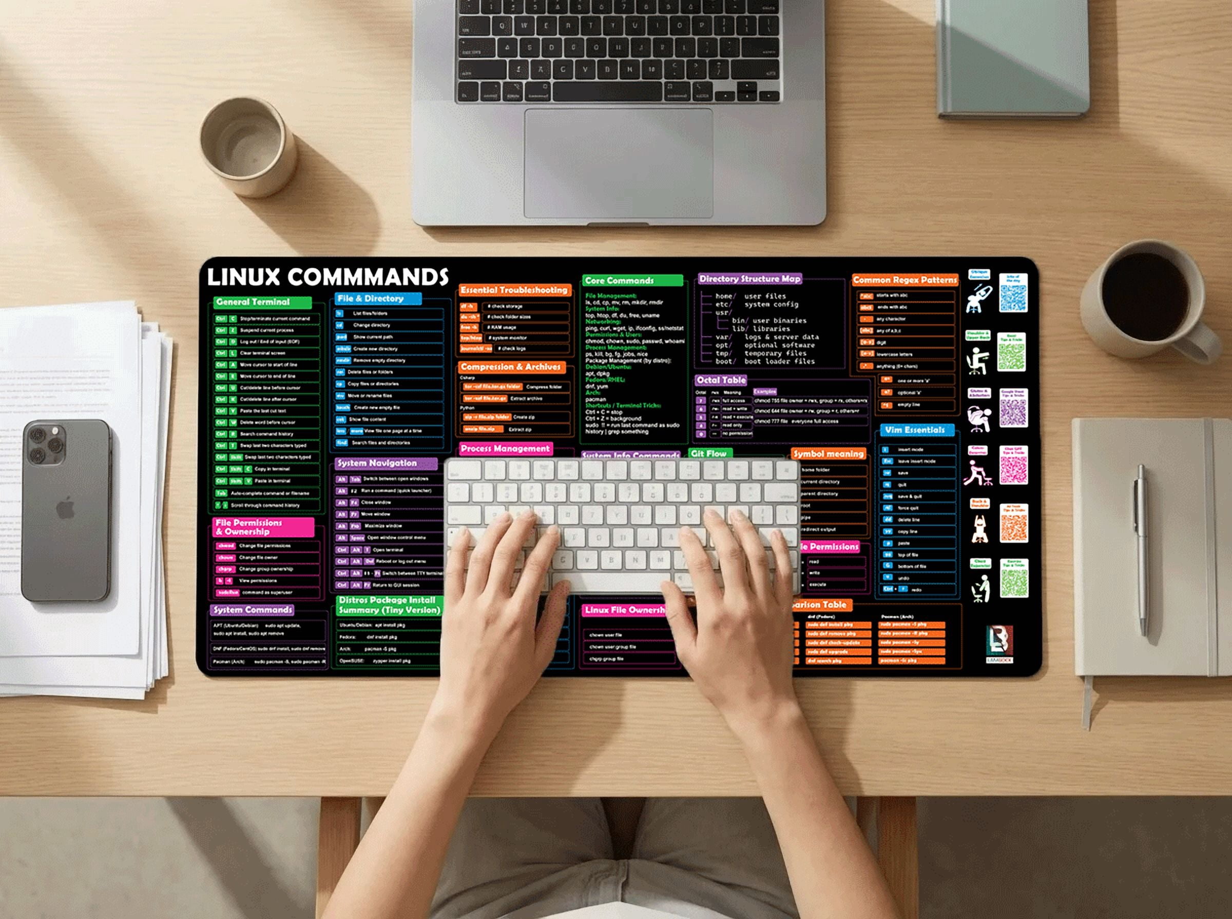 Linux Commands Cheat Sheet Desk Mat Extended Mouse Pad with Terminal Shortcuts Bash Commands Ubuntu/Arch/Fedora Git Vim - 12x22 in