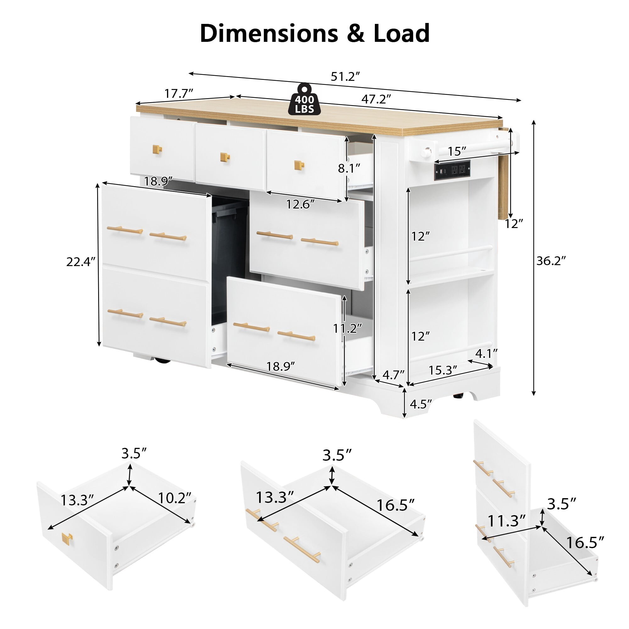 AENKYO 51.2'' Kitchen Island Cart with Charging Station, Drop Leaf, Hidden Trash Cabinet, 6 Drawers & Removable Wheels, White