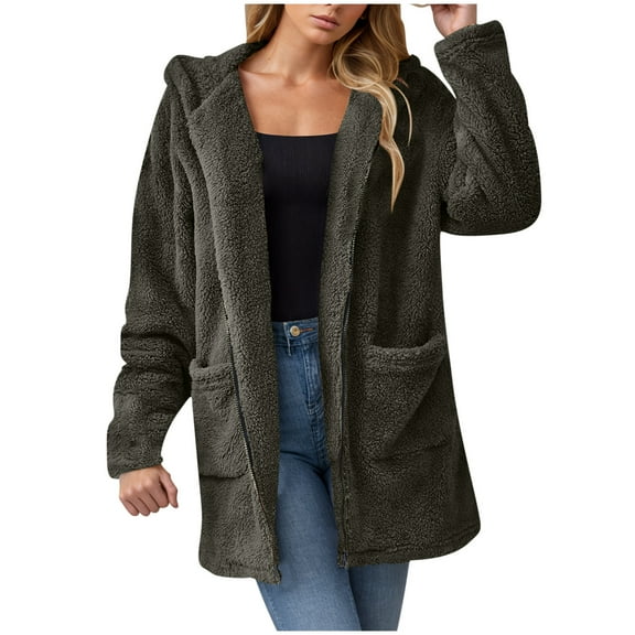 Admvng Winter Coats for Women Solid Faux Coats Long Sleeve Pockets Fleece Warm Zip up Jacket Casual Trendy Outerwear S-2XL