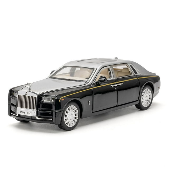 Modèle Réduit de Voiture Échelle 1:32 Rouleaux Royce Phantom Jouet Portes en Métal Moulé sous Pression Ouverture à Rétrofriction Modèles de Véhicules avec Son et Lumière pour Garçons Cadeaux Enfants Noir Argent