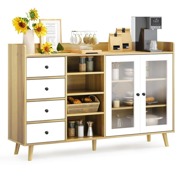 BouPower Sideboard Buffet Cabinet with Open Racks & 4 Drawers, 55.11 Inch Large Sideboard Storage Cabin, Kitchen Cabinet with Glass Doors & Adjustable Shelves, Wood Side Board Table for Dining Room