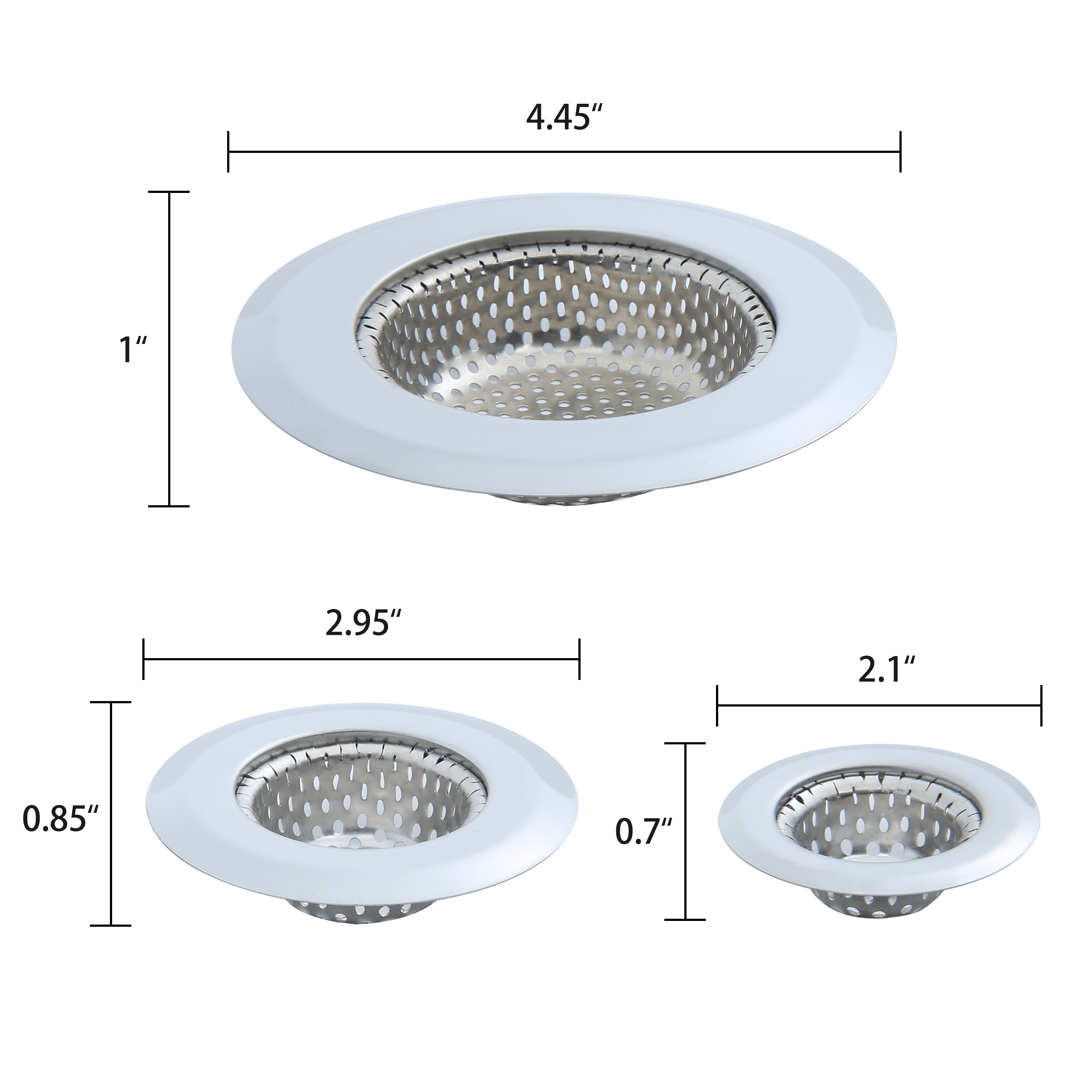 Mainstays Stainless Steel Kitchen Sink Drain Strainer Set 3 Pack 4.45", 2.95", 2.1" Silver