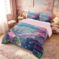 thumbnail image 3 of Manfei Anime Fuji Full Size Comforter Sets for Girls, Cherry Town Bedding Sets, Pink Blue White, Pink Reversible 3 Pieces, 1 Comforter and 2 Pillowcases, 3 of 6
