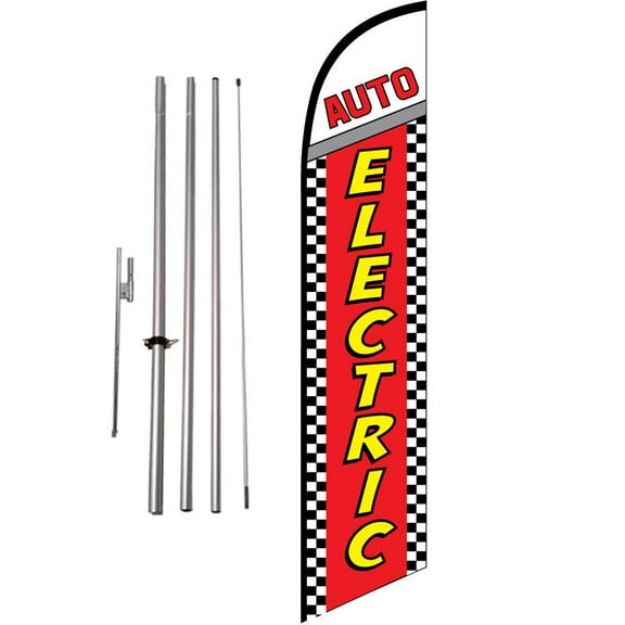 Auto Electric checkered 15' Feather Banner Swooper Flag Kit with pole & spike