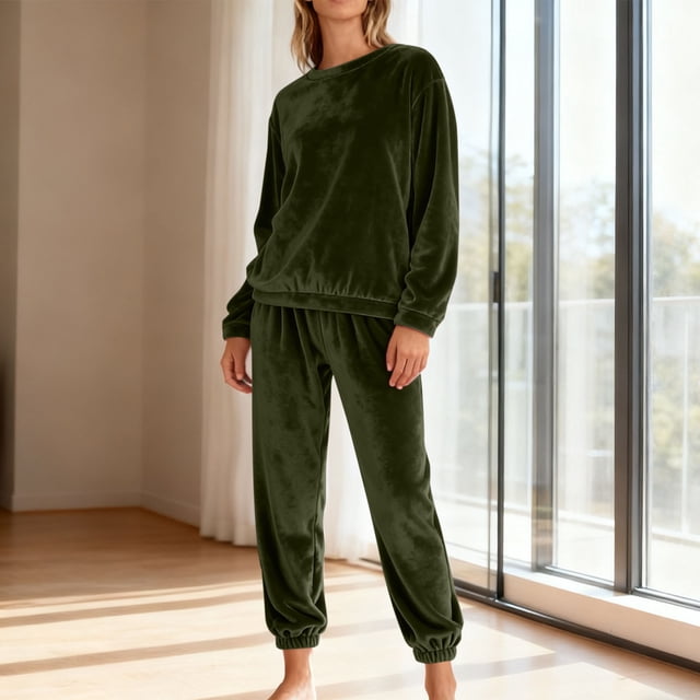 Conjunto de pijama de terciopelo grueso y cálido para mujer, con cuello redondo, estampado y pantalones de poliéster para invierno.