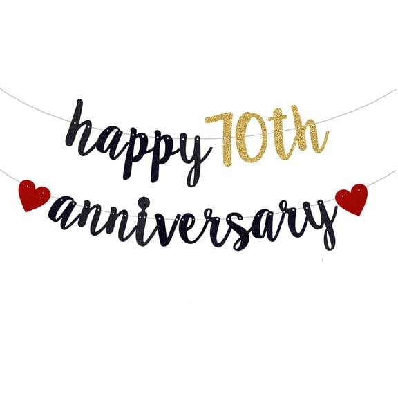 Happy 70th Anniversary Banner, Black & Gold, Pre-Strung, 118 inches x 118 inches, Occasion, Party Banners