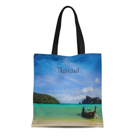 LADDKE Canvas Tote Bag Exotic Thailand Travel Beach Fishing Boat Destination Turquoise Sandy Reusable Handbag Shoulder Grocery Shopping