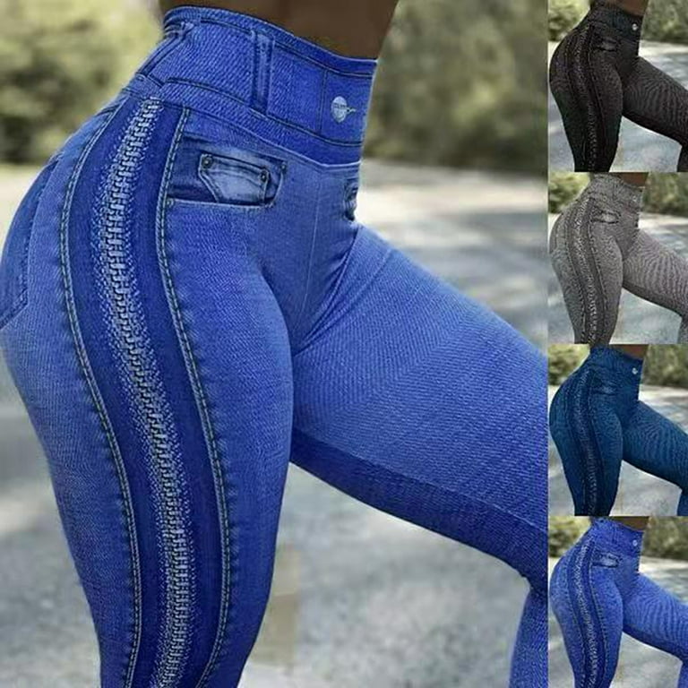 Fusipu Decorative Pockets Skinny Imitation Jeans Leggings Hip Lifting  Zipper Print High Waist Elastic Pants for Sports