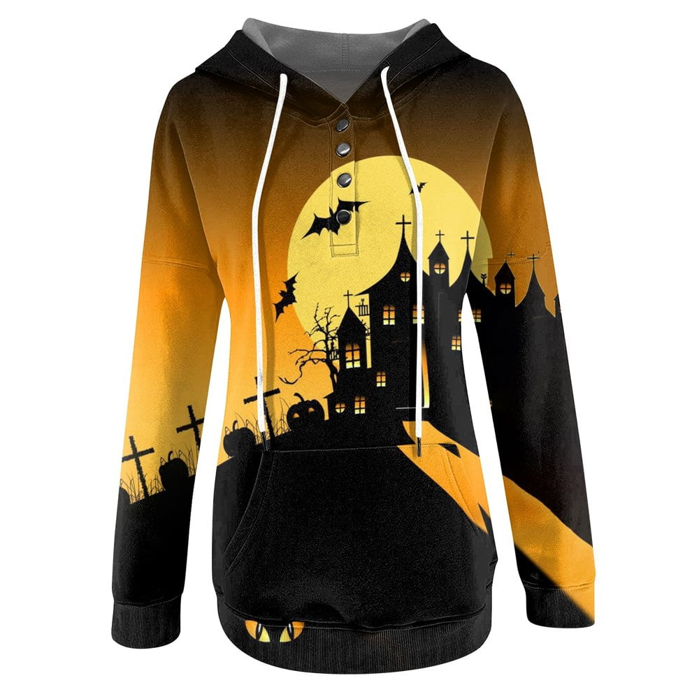 Femmes Halloween Sweat-Shirts Citrouille Impression Col Rond Pull à Manches Longues Surdimensionné Pull-Overs Jaune XXL