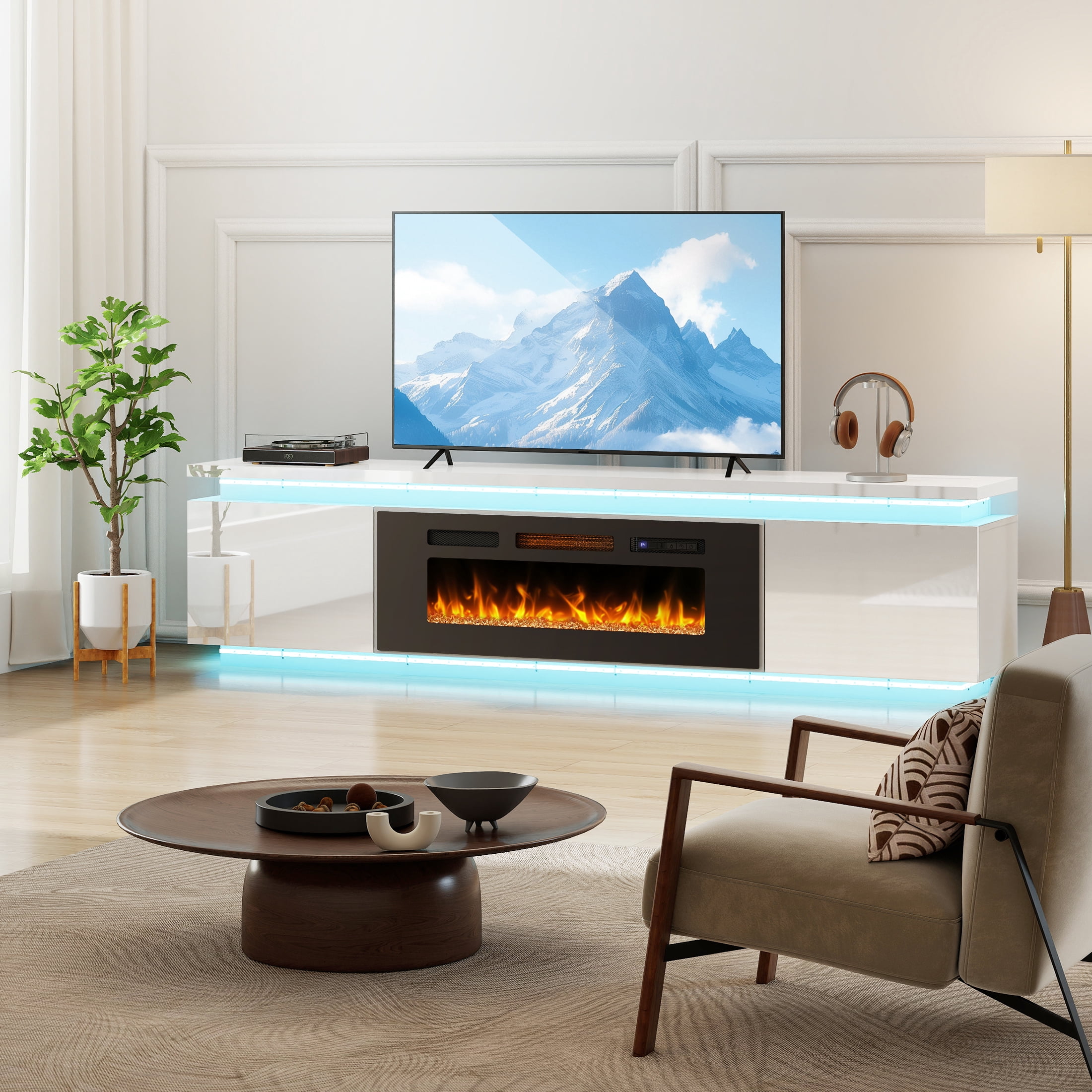 Anrist Electric Fireplace TV Stand for TVs up to 95" with LED Lights & 4 AC Power Outlets, TV console for Living Room, White, Ship in 2 Boxs