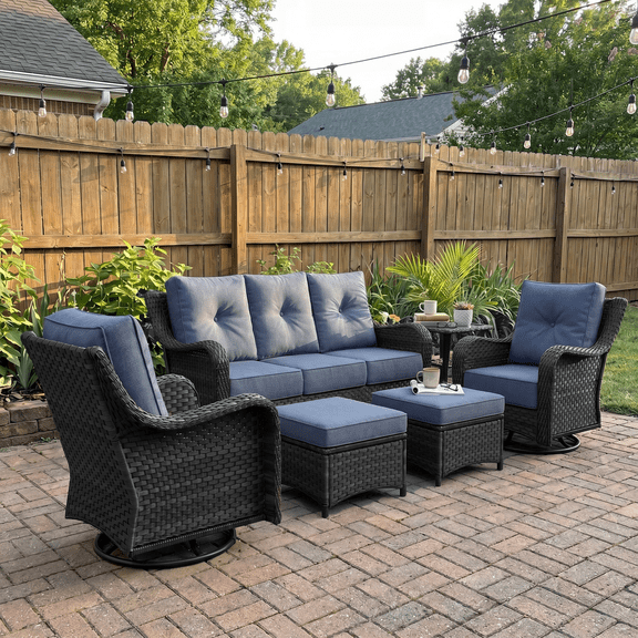 LayinSun 6 Piece Wicker Outdoor Furniture Set with 6-inch Comfy Cushions, High Back Patio Furniture Set with Swivel Rocking Chairs and Side Table