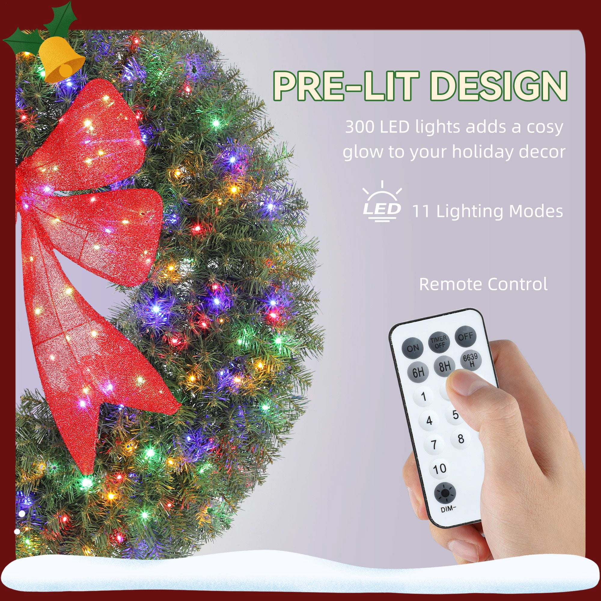 Pre-Lit Christmas Wreath, 60-Inch Front Door Wreath with 3D Bow, 300 LED Lights, 11 Lighting Modes, Remote Control, Indoor Outdoor Holiday Decoration