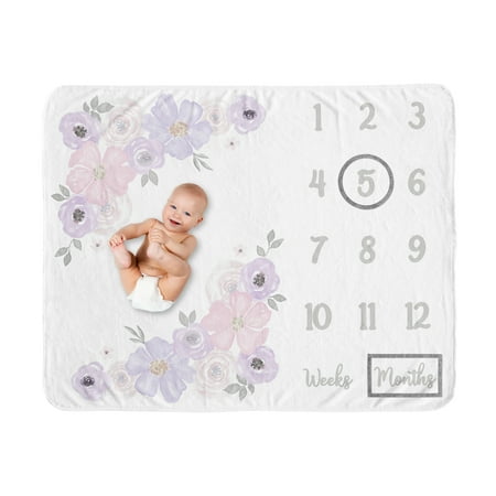 UPC: 0846480083740 | Watercolor Floral Lavender And Grey Milestone Baby Blanket by Sweet Jojo Designs