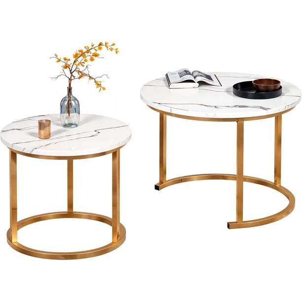 Set de 2 Mesas de Centro Circulares Bluelander con Soportes de Acero, Blanco/Dorado