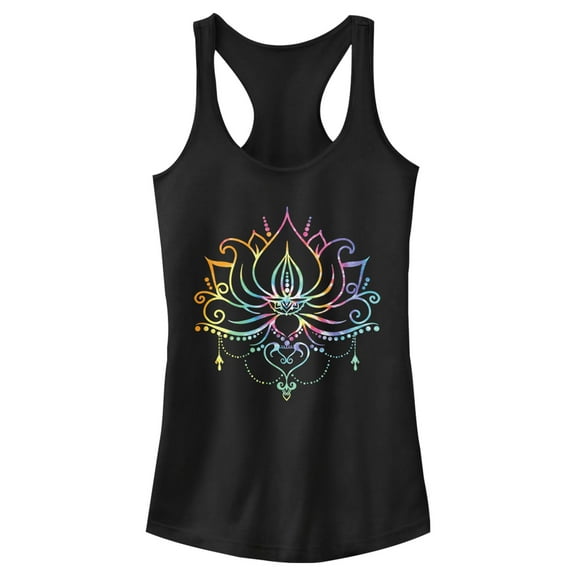 Junior's Lost Gods Rainbow Lotus Flower  Racerback Tank Top Black Large