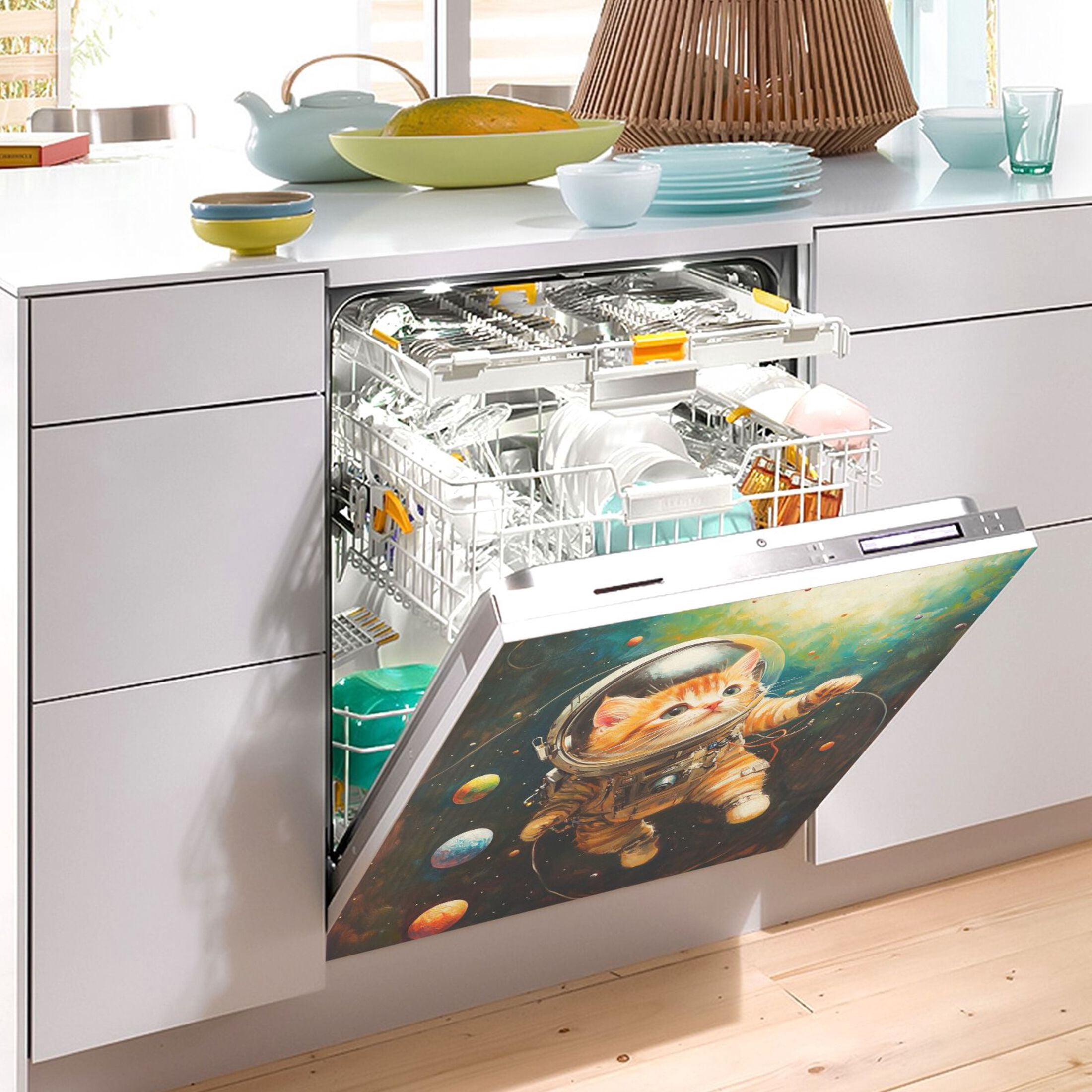 Dishwasher Magnetic Sticker 23x26 Inch Refrigerator Magnetic Sticker Washing Machine Magnetic Sticker Kitchen Panel Magnetic Sticker Home Decor Astronaut Cat