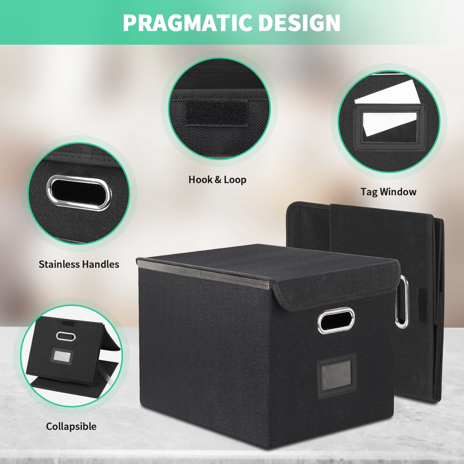 PHANCIR Foldable File Box Collapsible with Lid and Slides, Multi-purpose Storage with Pragmatic Design File Boxes for School, Home, Office,2PACK