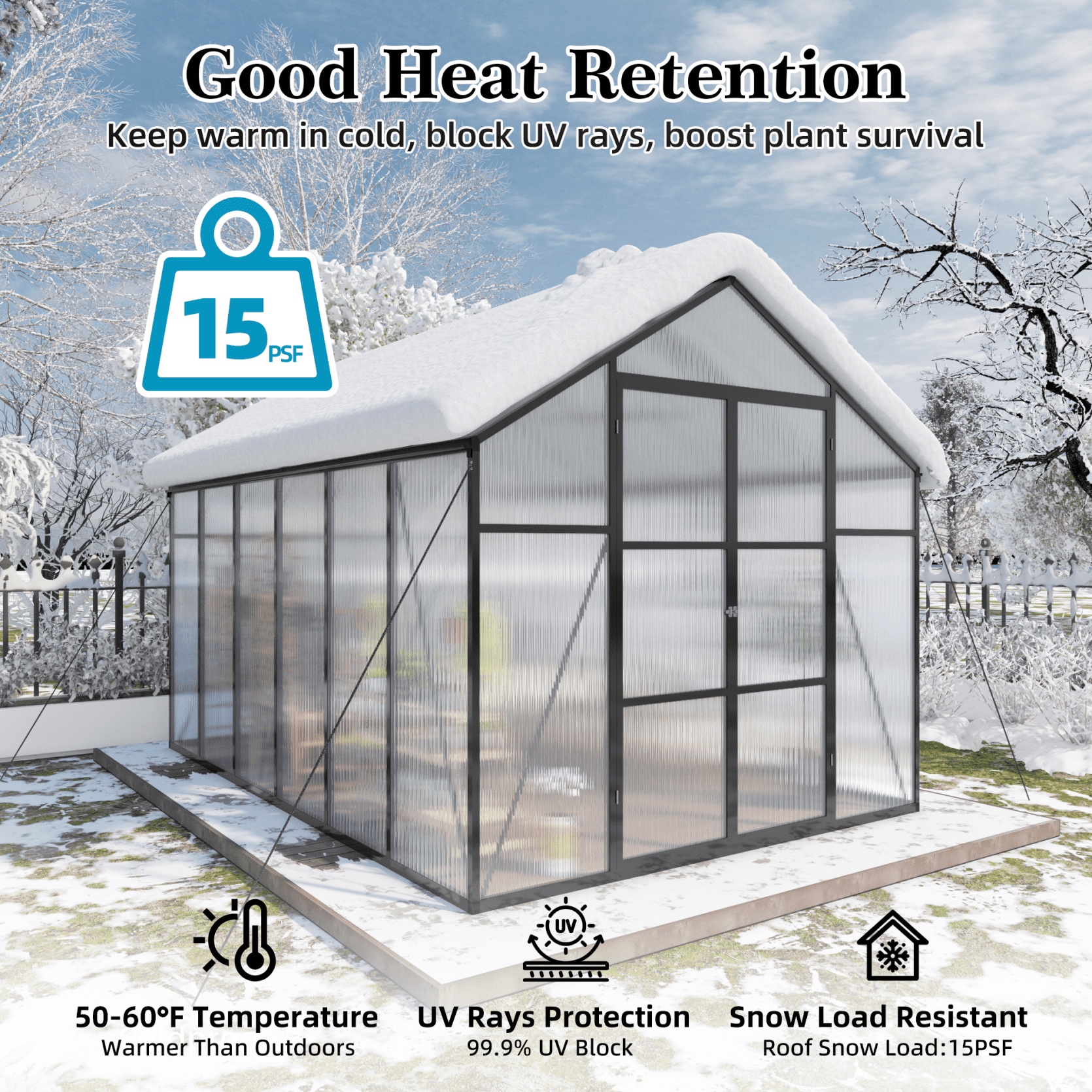 8x12FT Polycarbonate Greenhouse for Outdoors, Large Walk-in Greenhouse with Adjustable Roof Vents and 2 Windows, Newly Design Aluminum Frame