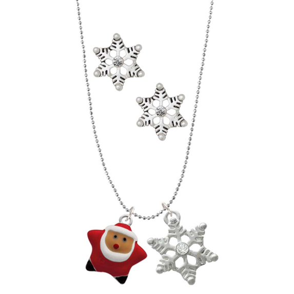 Delight Jewelry Silvertone Red Star Santa Silver tone Snowflake Charm Necklace and Stud Earrings