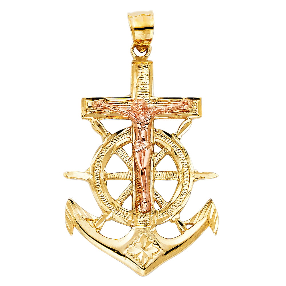 Solid 14k Rose And Yellow Two Tone Gold Christian Crucifix Cross Anchor ...
