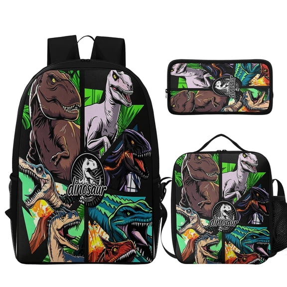 Comic-style dinosaurs pattern 3Pcs Backpack Set, Lightweight Daily Bag with Insulated Lunch Tote and Pencil Case for Outdoor & Commute