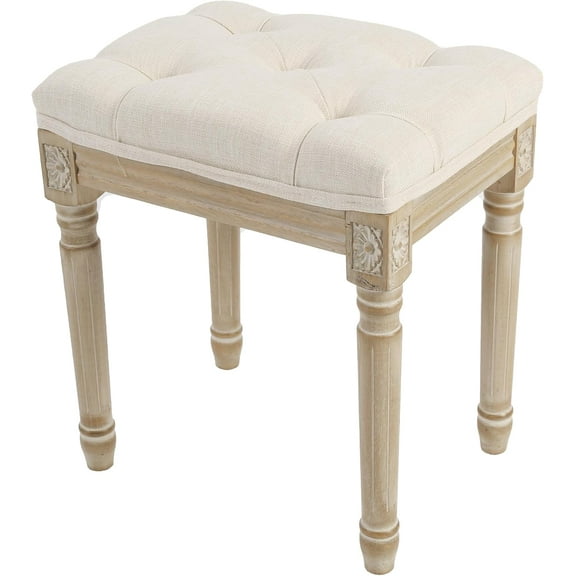 Vanity Stool Upholstered Bench Seat for Makeup Room, Vintage Small Bedroom Bench Dining Bench with Tufted Fabric for Living Room, Piano Stool with Rustic Wood, Easy Assemble,Beige