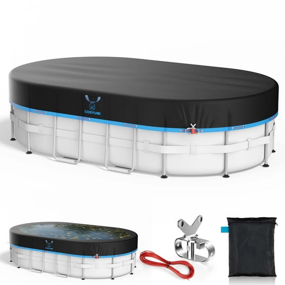 COSYUMI Oval Pool Cover,12x18FT 420D Oxford Solar Pool Covers for Above Ground Pool with Winch & Cable, All Season Inflatable Pool Cover for UV Resistant,Waterproof, Snowproof Windproof,Black Blue