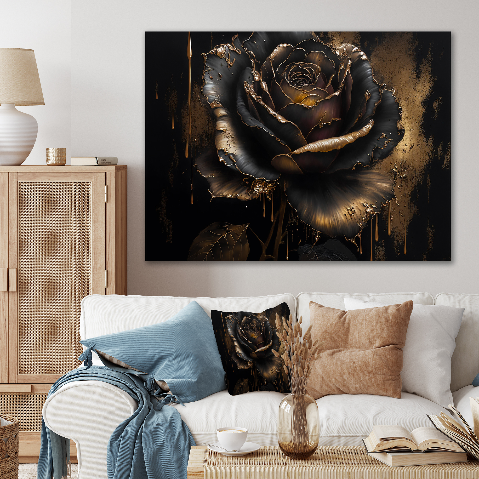 Designart Black And Gold Rose I Canvas Wall Art